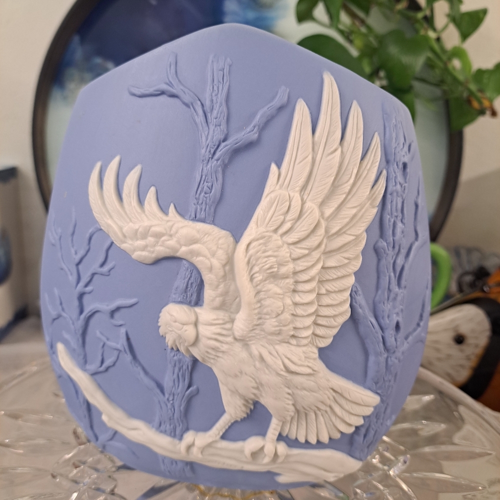 Vintage Jasperware Style Vase Powder Blue White Eagle Blue Eagle Raised Relief